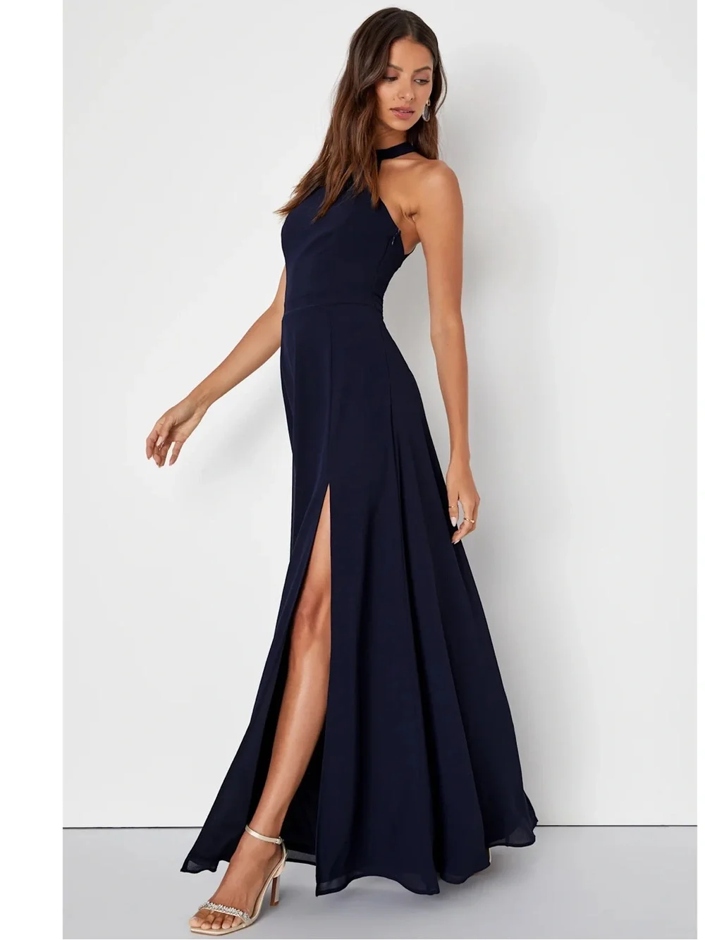 NWT Lulu’s Confidently Charismatic Navy Blue Backless Halter Maxi Dress Size XL